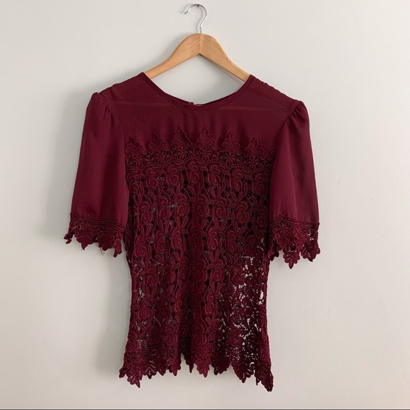 Cranberry Sheer Crochet Lace Blouse Top (XS-M) - Picture 3 of 8
